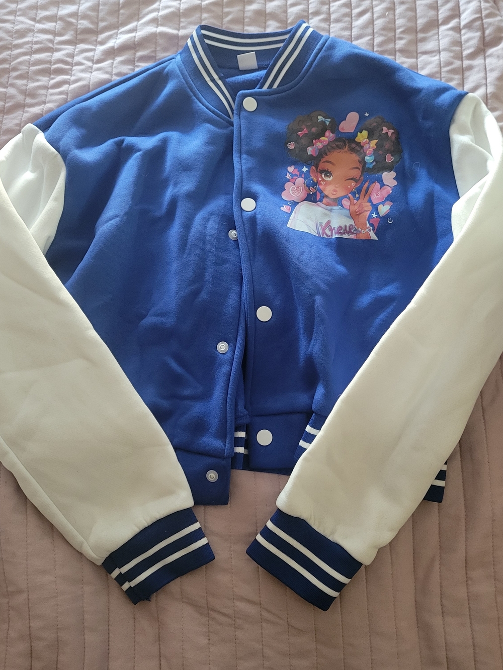 Blue and White Kids Varsity Jacket with Little Girl and Hearts Graphic